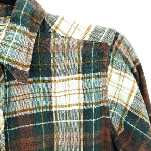 VTG L.L. Bean 100% Cotton Plaid Flannel Button Shirt S/M Cream/Green/Brown - Picture 6 of 16